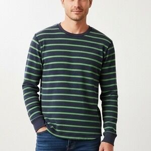 GAP Mens XL Thermal Shirt Navy Blue Green Striped Waffle Knit Vintage Rugby Y2K